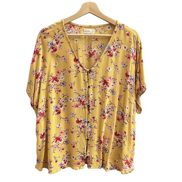Maurices XXL Yellow Floral Crepe Top Blouse Button Up Short Sleeve Shirt - Picture 1 of 9